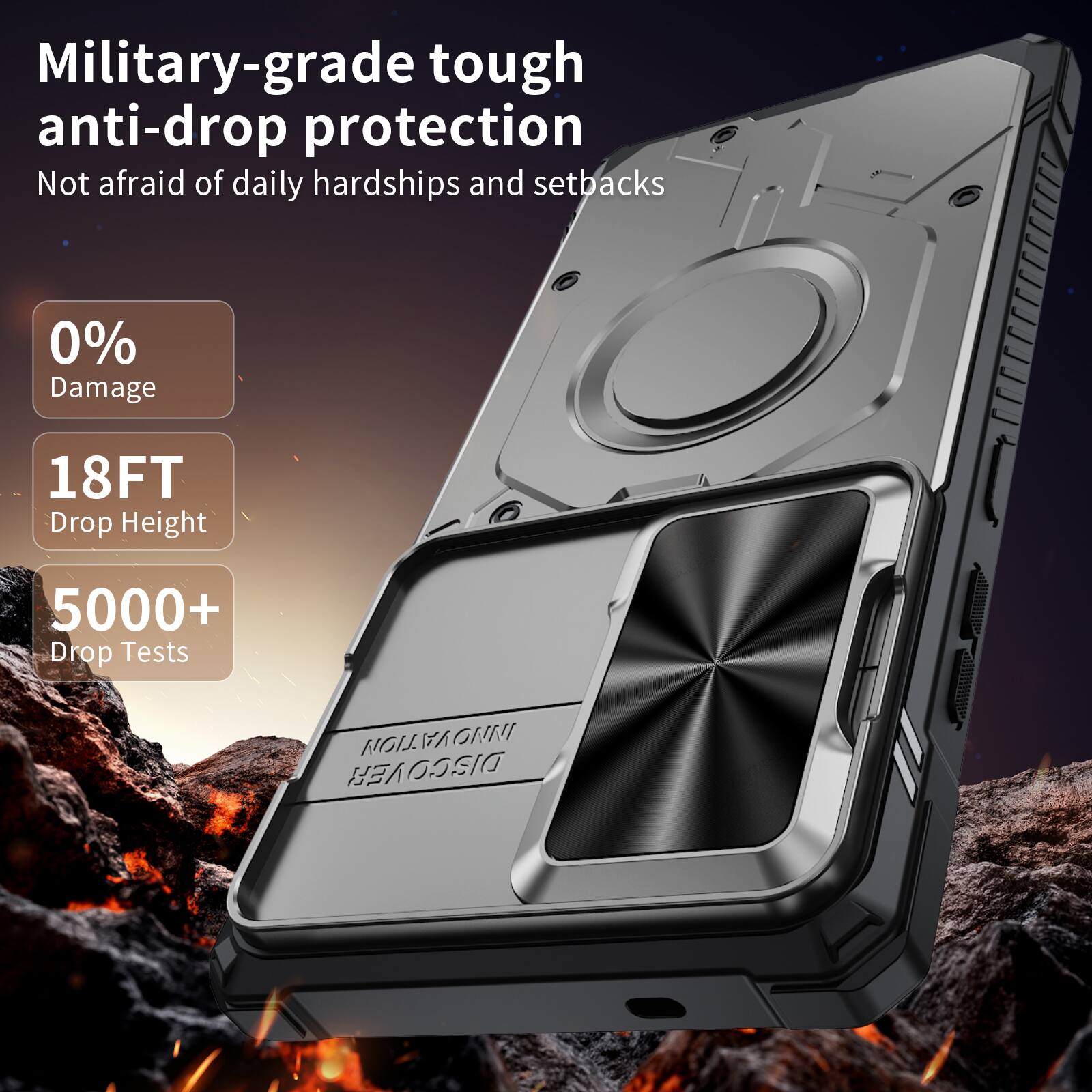 Military-grade tough anti-drop protection  
Not afraid of daily hardships and setbacks  

0% Damage  
18FT Drop Height  
5000+ Drop Tests  

MOITAVOMMI DISCOVER