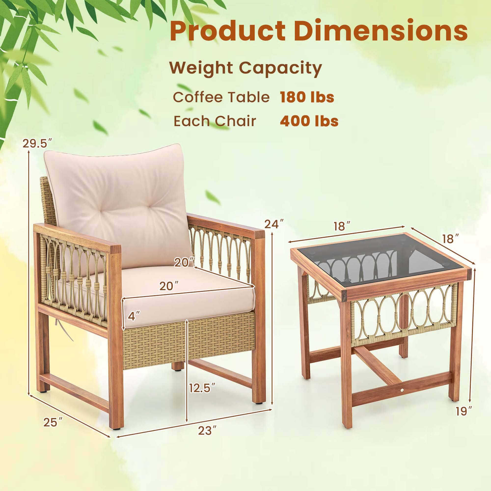 Product Dimensions:
- Weight Capacity: 180 lbs for the coffee table
- Weight Capacity: 400 lbs for each chair

Dimensions:
- Coffee Table: 24" x 18" x 18"
- Chair: 20" x 20" x 4"
- Chair: 25" x 23" x 19"