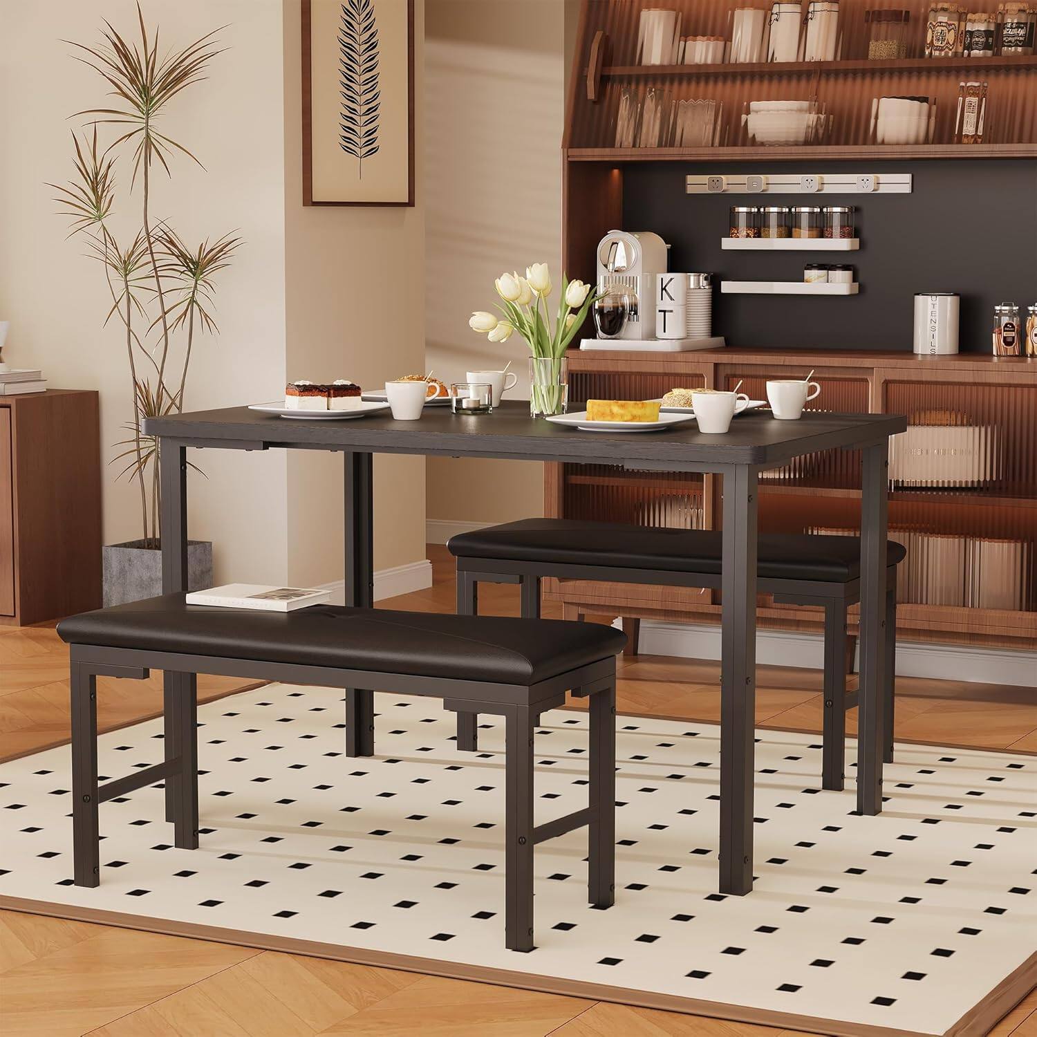 Left. Qeetex - 3-Piece Kitchen Table Set for 4 with 2 Upholstered Benches, Space-Saving for Breakfast Nooks & Small Spaces - Black.