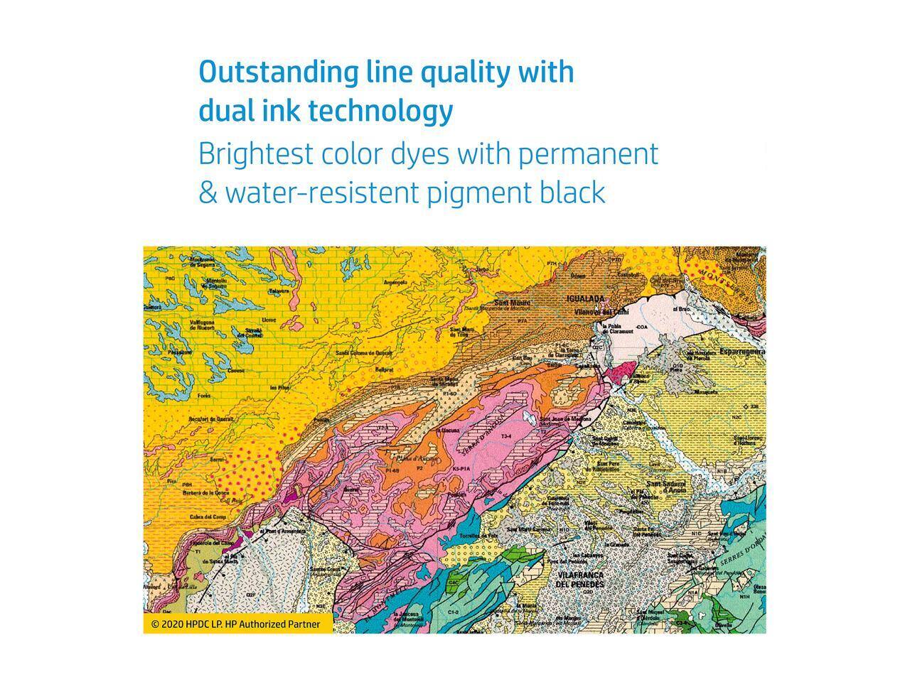 Outstanding line quality with dual ink technology  
Brightest color dyes with permanent & water-resistant pigment black  

© 2020 HPDC LP. HP Authorized Partner
