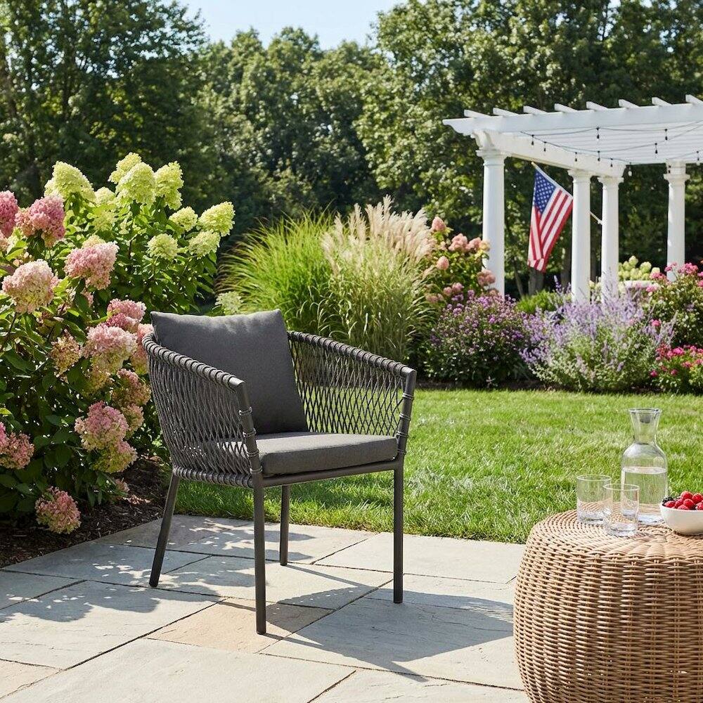 Left. Outdoor Escape - Outdoor Patio Dining Armchair With Cushioned Seat And Armrests - Gray.