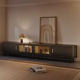 POVISON - 118"Mid-Century Modern Tambour Door TV Stand with LED Lights - Black with LED Lights