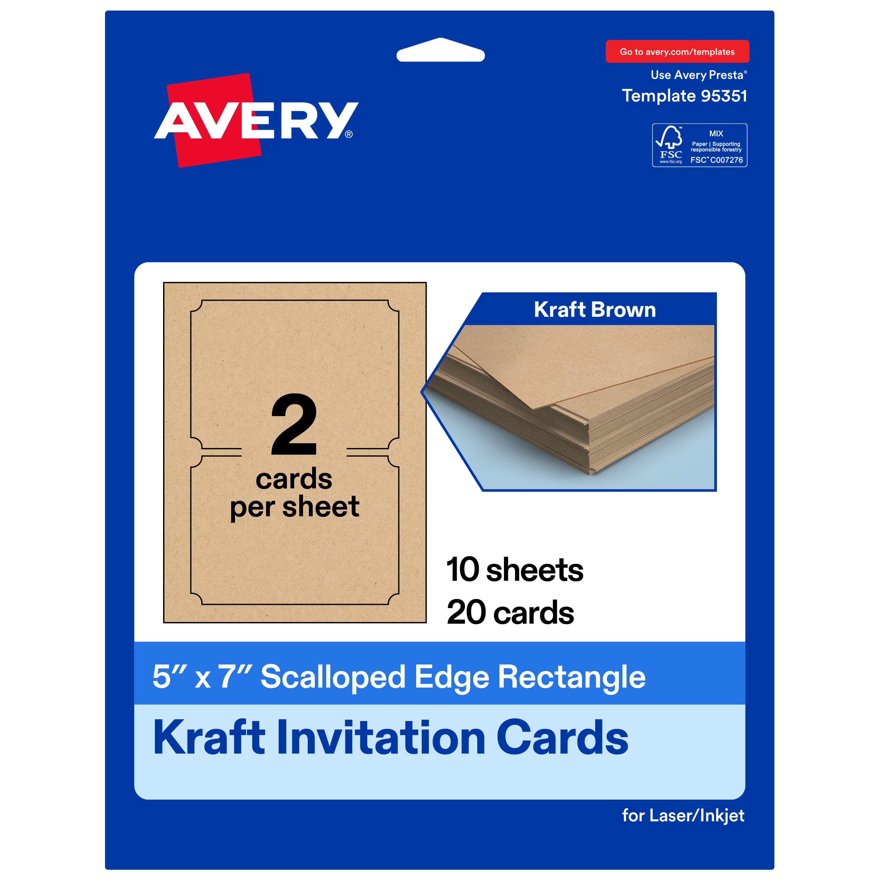 Avery - Printable Cards with Scalloped Edges, 5" x 7", Kraft 20ct - Brown