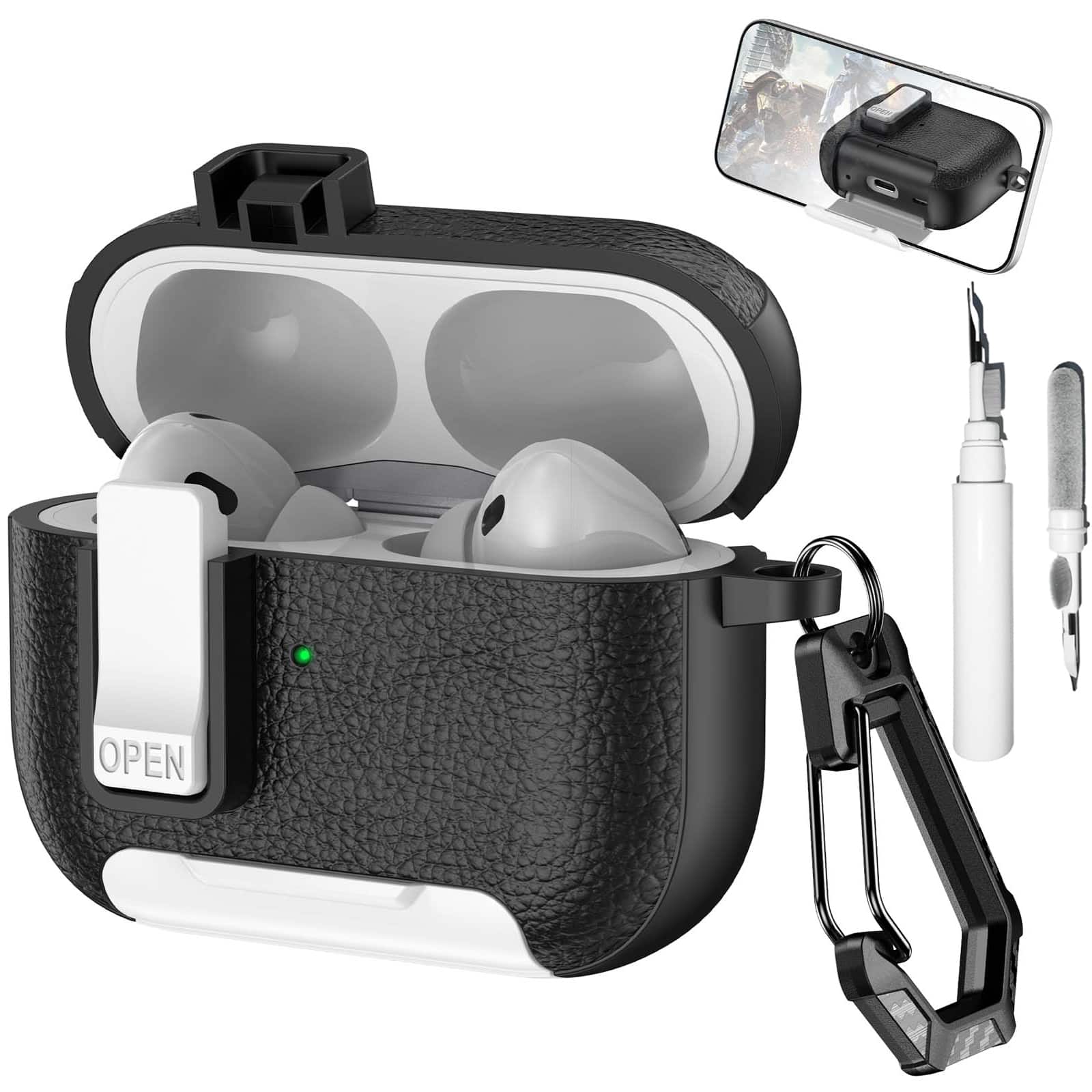 Dteck - Case for Apple Airpods Pro 2nd Gen (2022) with Phone Holder & Keychain,Leather Texture Earbuds Cover for Man Women - Whiteblack