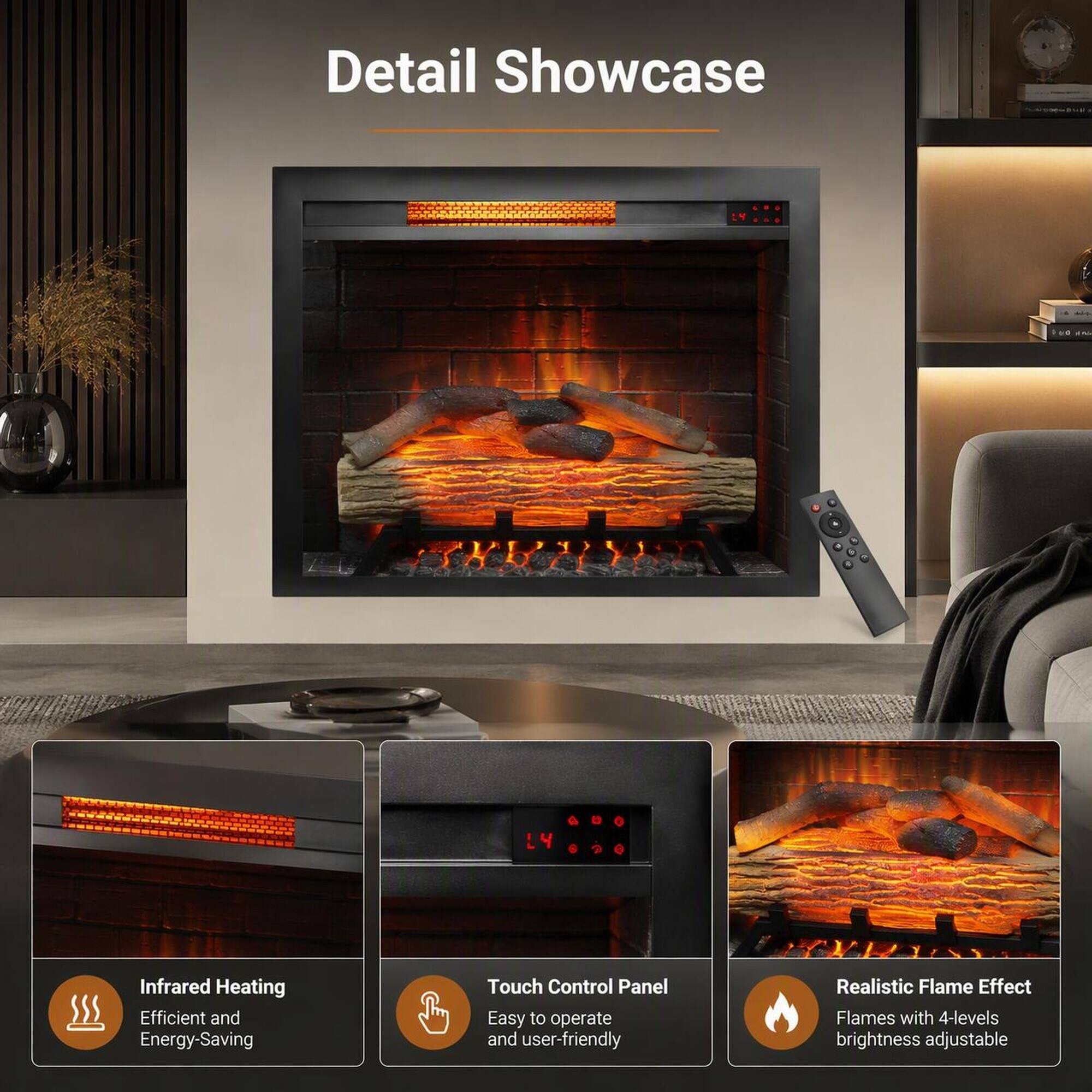 Detail Showcase

- Infrared Heating: Efficient and Energy-Saving
- Touch Control Panel: Easy to operate and user-friendly
- Realistic Flame Effect: Flames with 4-levels brightness adjustable