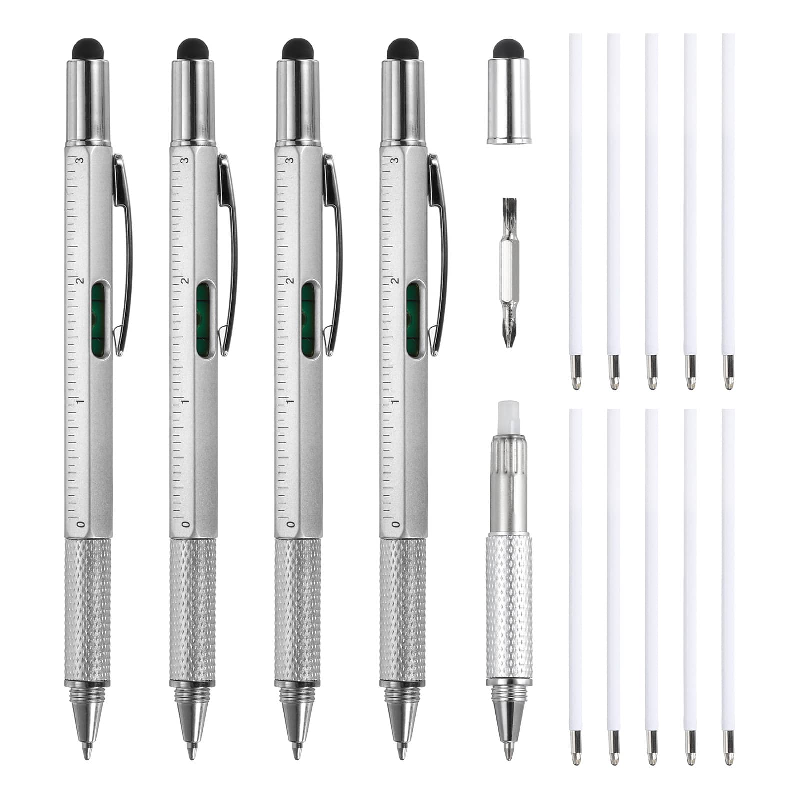 Unique Bargains - 4pcs 6 in 1 Multitool Tech Tool Pen with Ballpoint Pen, Ruler, Screwdriver, Stylus, Level Gauge, Refills for Birthday - Silver
