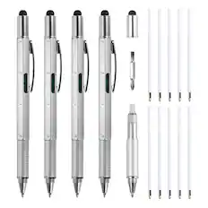 Front. Unique Bargains - 4pcs 6 in 1 Multitool Tech Tool Pen with Ballpoint Pen, Ruler, Screwdriver, Stylus, Level Gauge, Refills for Birthday - Silver.