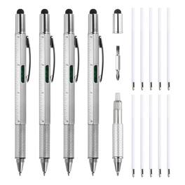 Unique Bargains - 4pcs 6 in 1 Multitool Tech Tool Pen with Ballpoint Pen, Ruler, Screwdriver, Stylus, Level Gauge, Refills for Birthday - Silver