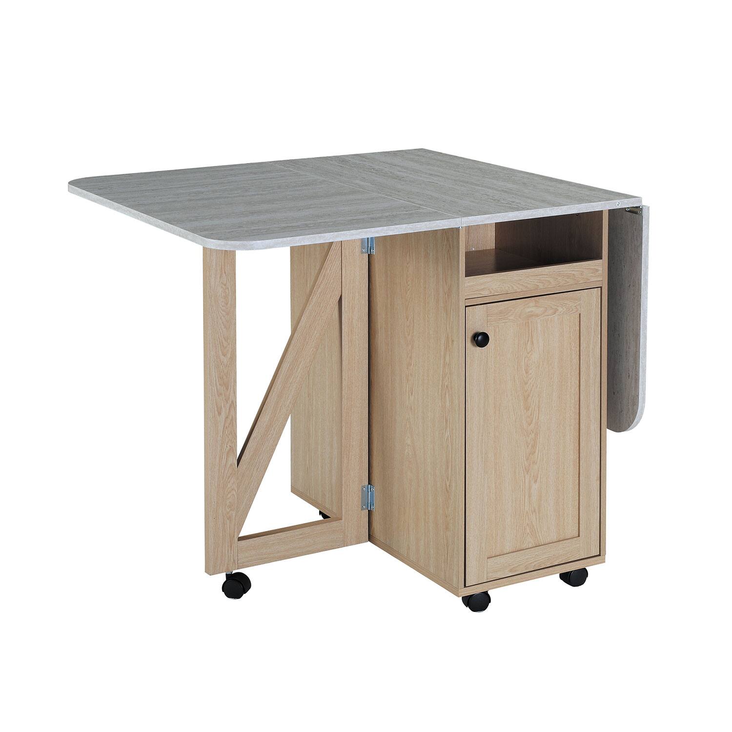 Alt View 2. Z-Edge - Folding Dining Table with Storage, Folding Kitchen Table with 6 Wheels, Shelves, Compact Dining Table for Small Spaces - Light Oak.