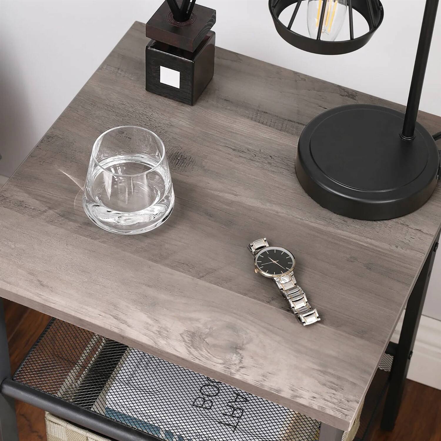Left. SlickBlue - Modern Industrial Side Table Nightstand – Metal Frame with Rustic Wood Top - Grey.