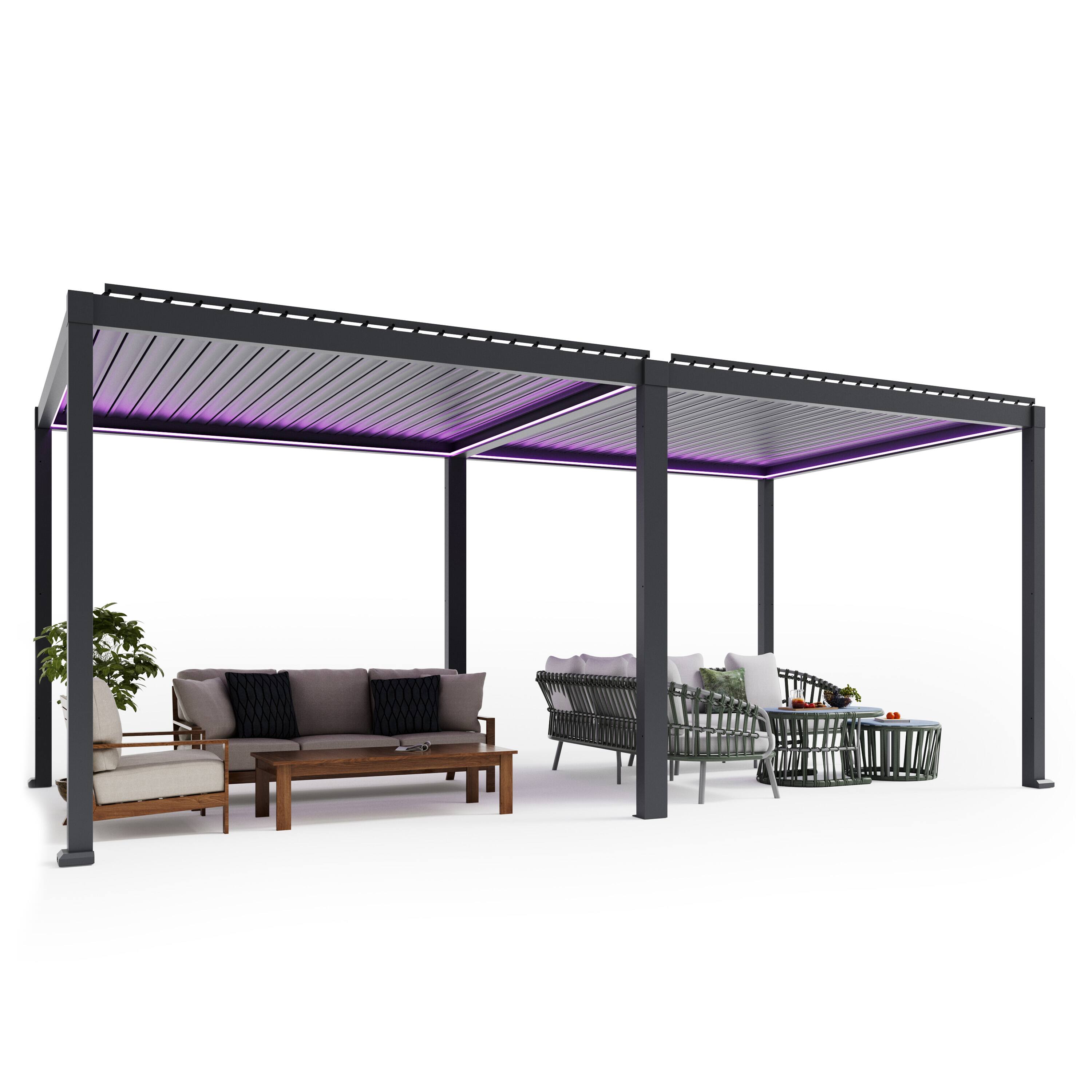 Back. Mondawe - 10x20FT Electric Aluminum Louver Pergola with Integrated LED Lights and Smart Solar Rain Sensor - Gray.