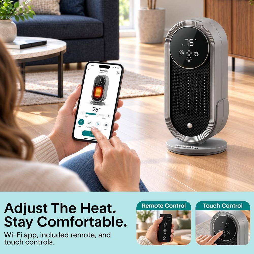 75  
9-41  
Serenelife  
75% F  
Trail  
N  
&  
Remote Control Adjust The Heat. Stay Comfortable. Wi-Fi app, included remote, and touch controls.  
Touch Control 75