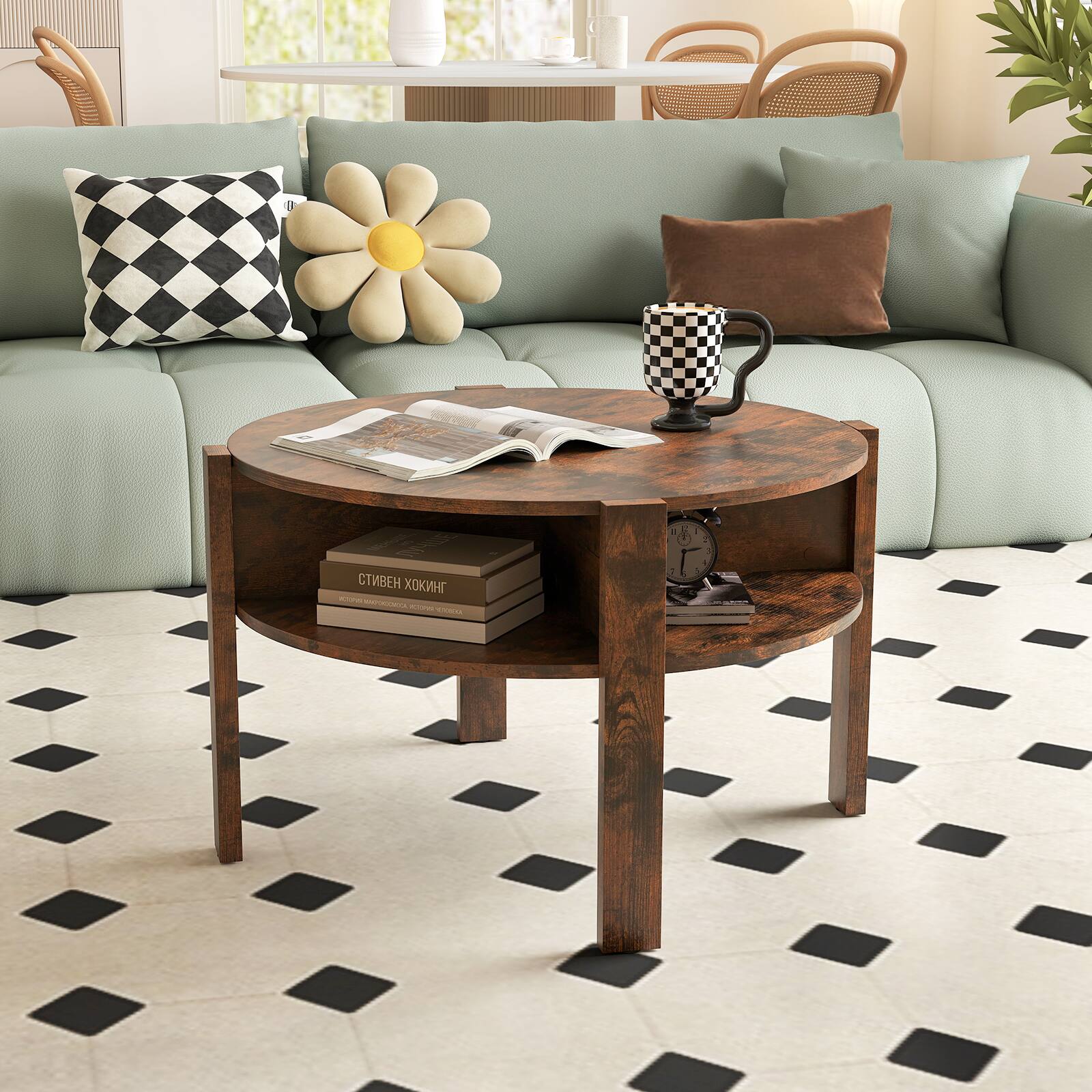Alt View 1. Gymax - Gymax 29.5'' 2-Tier Round Coffee Table w/ Storage 4 Shelves Faux Wooden Top - Rustic Brown.