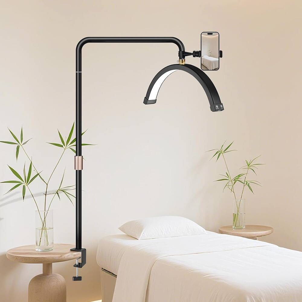 MOSZAR LLC - Half Moon Desk Light, Clamp, 3 Adjustable LED Colors, Phone Holder, Black