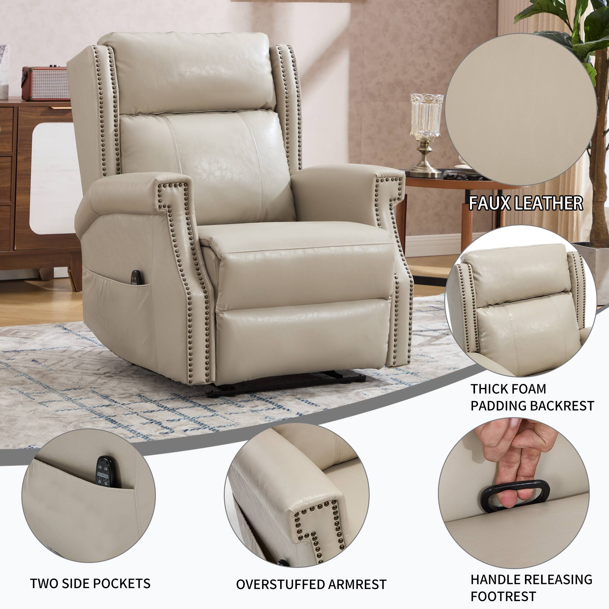- Faux Leather
- Thick Foam Padding Backrest
- Two Side Pockets
- Overstuffed Armrest
- Handle Releasing Footrest