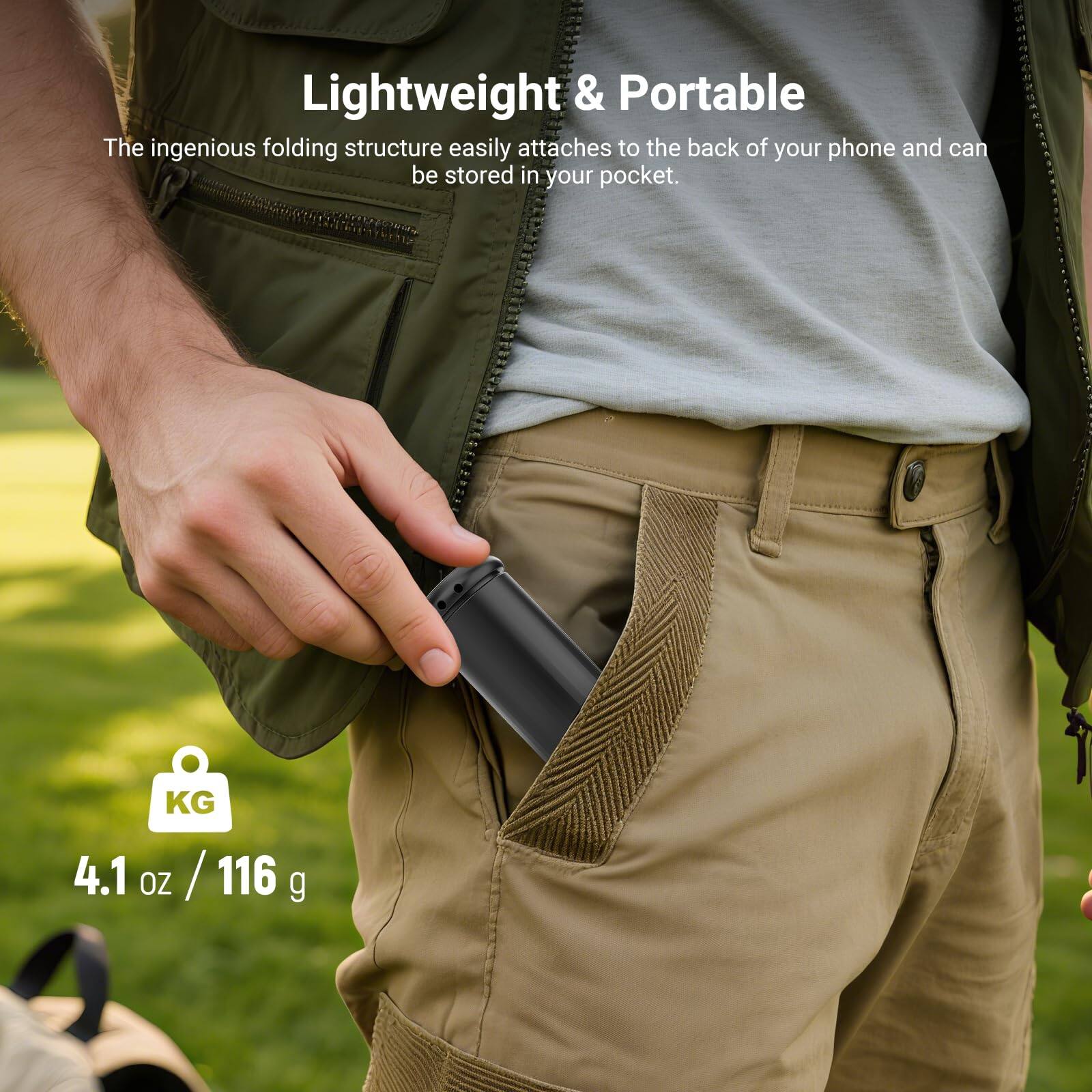 Lightweight & Portable

The ingenious folding structure easily attaches to the back of your phone and can be stored in your pocket.

KG 4.1 oz / 116 g