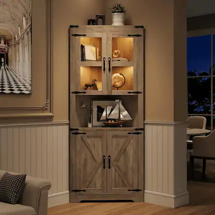 Front. Jojoka - 67 in Tall Corner Storage Cabinet with Lights, Farmhouse Corner Hutch Display Cabinet - Gray.