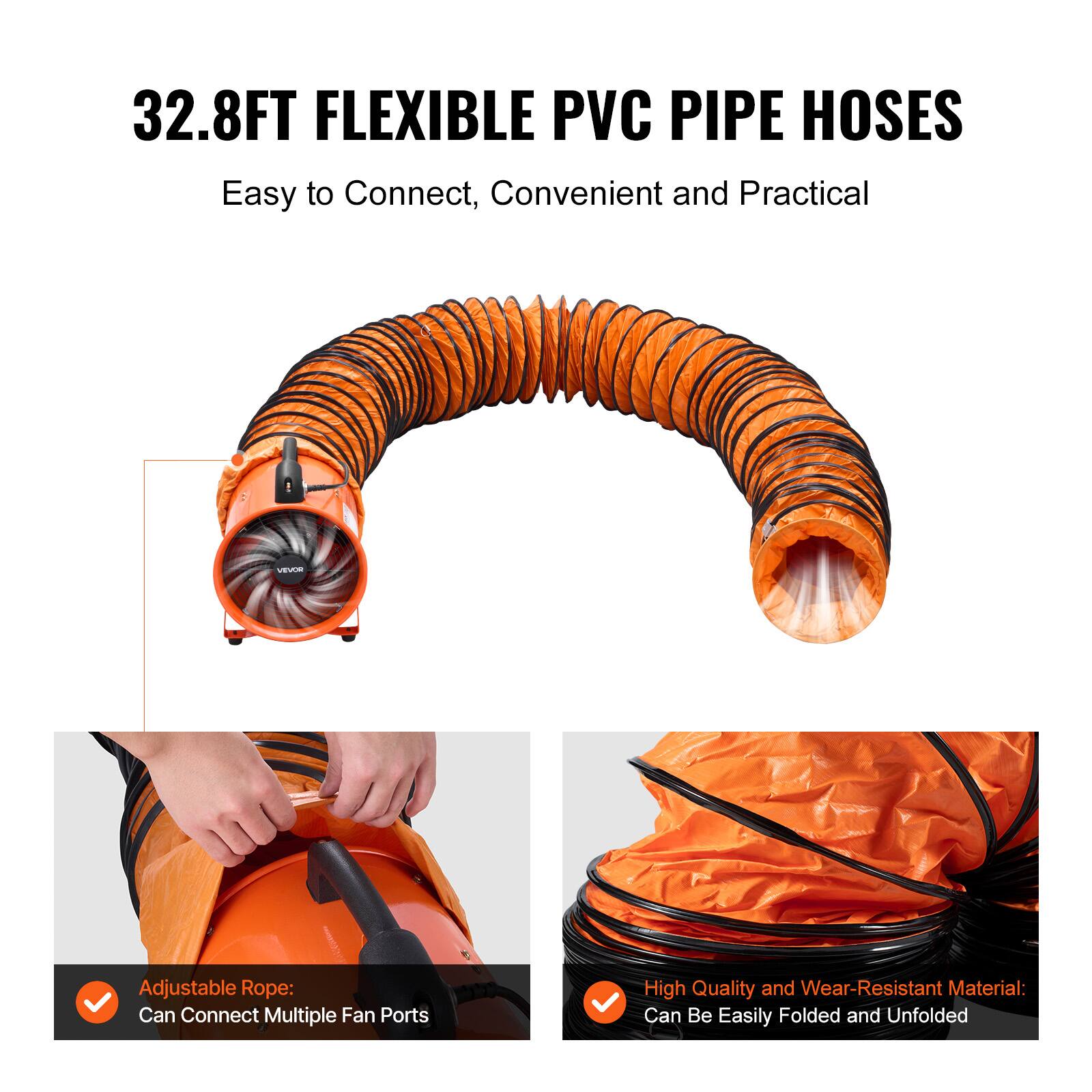 32.8FT FLEXIBLE PVC PIPE HOSES  
Easy to Connect, Convenient and Practical  

Adjustable Rope: Can Connect Multiple Fan Ports  

High Quality and Wear-Resistant Material: Can Be Easily Folded and Unfolded