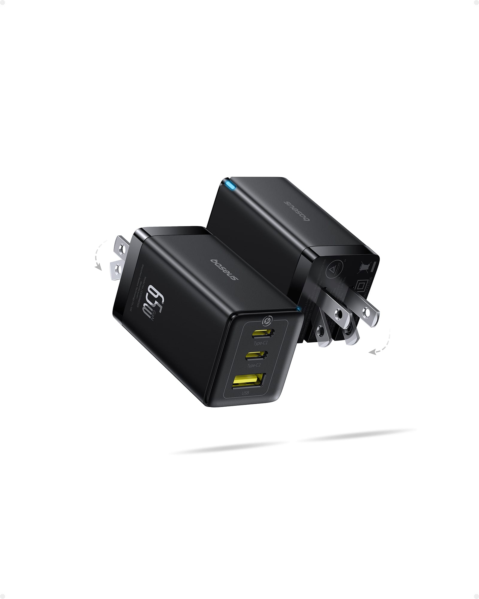 Baseus - 2 Pack 65W USB C Charger Block, PPS 3-Port Fast Compact Foldable USB C Charger, Black