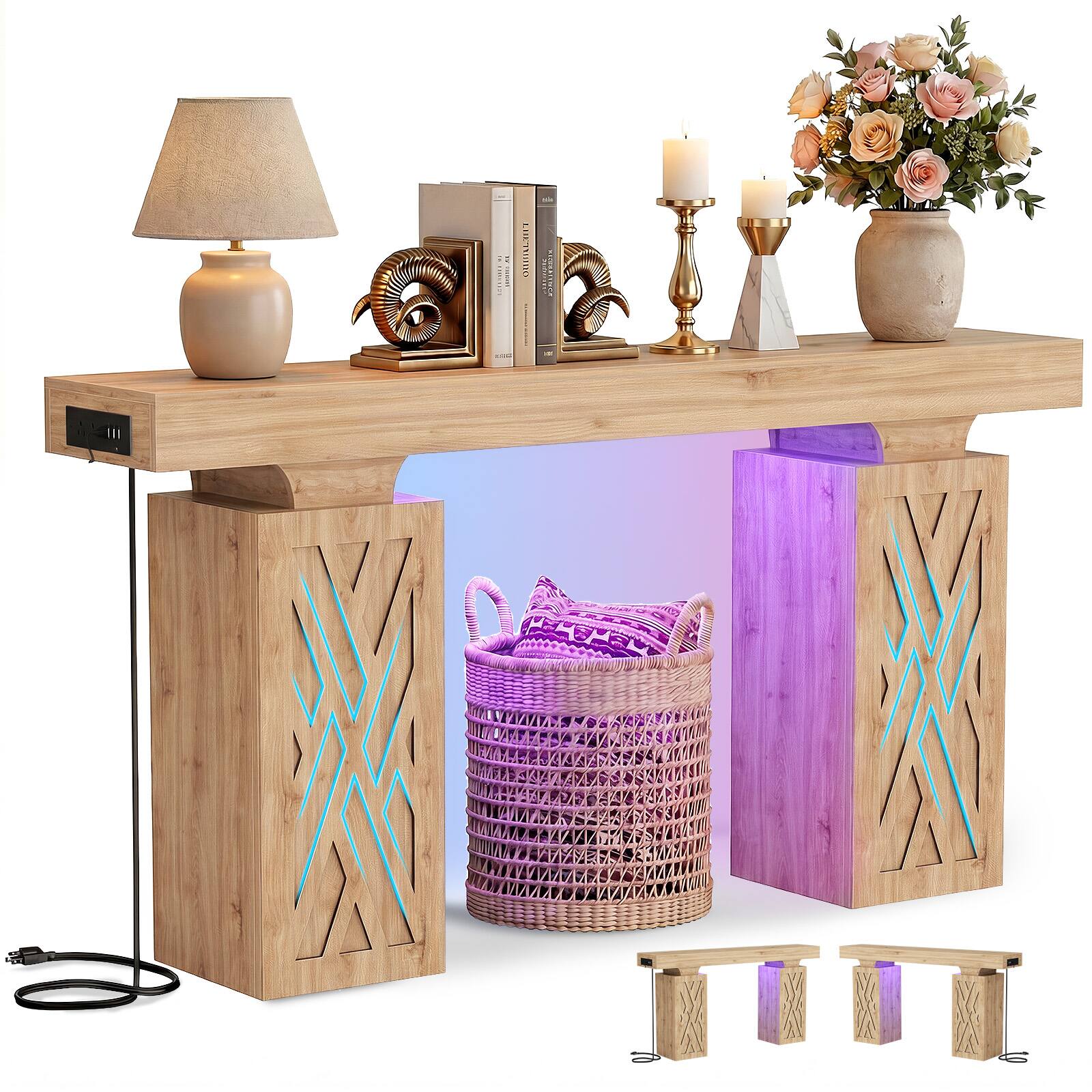 Angle. Aheaplus - 47'' Farmhouse Console Table with Charging Station and LED Lights - Nature Oak.