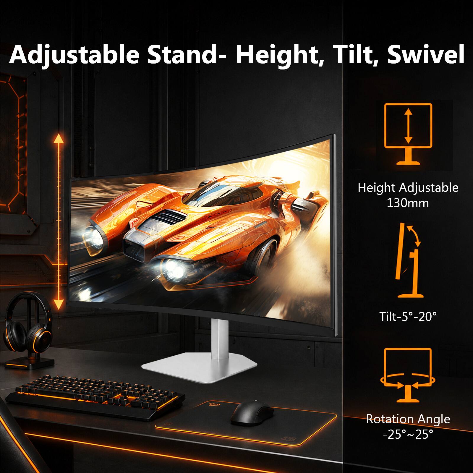 Adjustable Stand- Height, Tilt, Swivel

Height Adjustable 130mm

Tilt-5-20

Rotation Angle -25 ~ 25