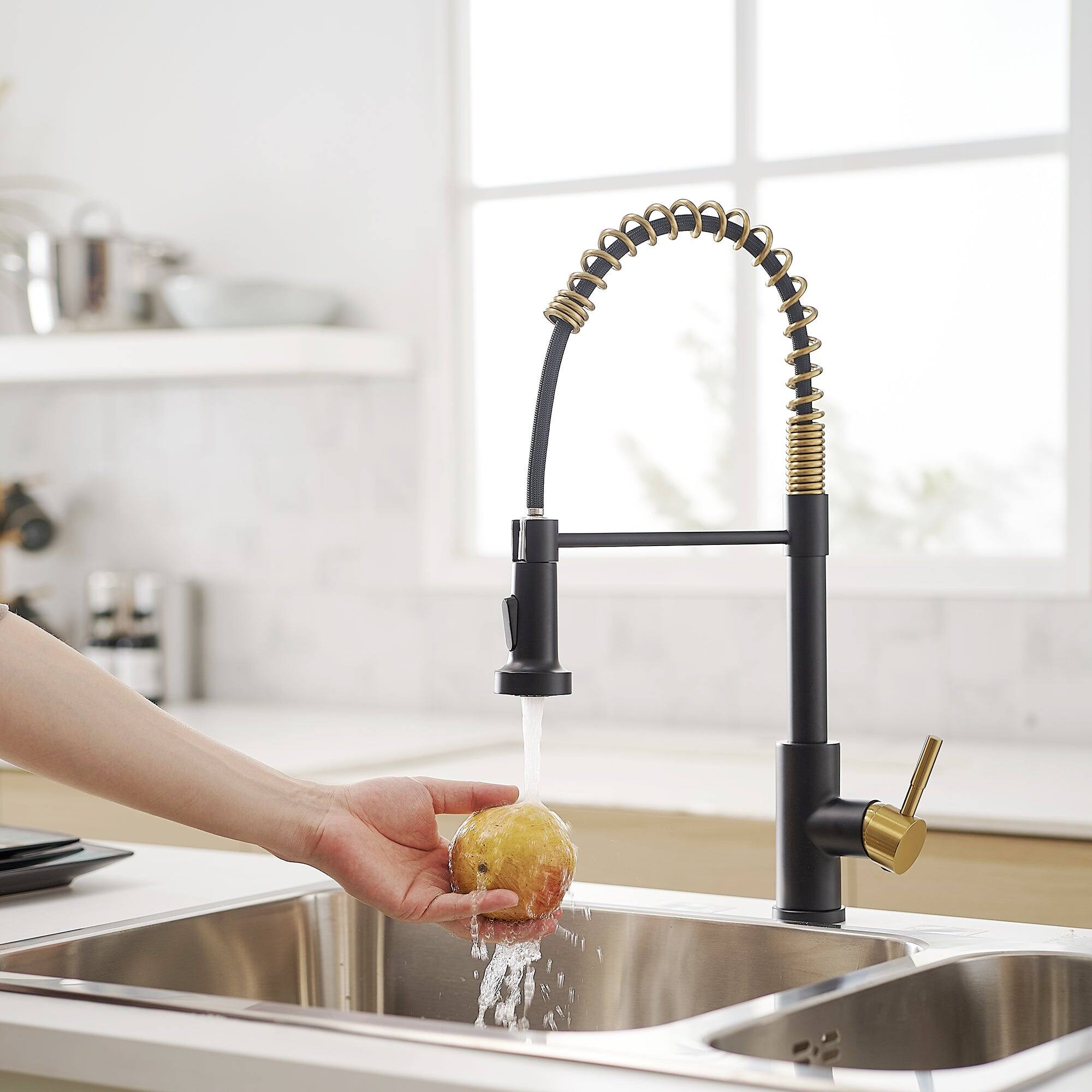Alt View 9. Boyel Living - Matte Black with Brushed Gold Stainless Steel Pull Down Sprayer Kitchen Faucet with Water Supply Hoses - Matte Black with Brushed Gold.