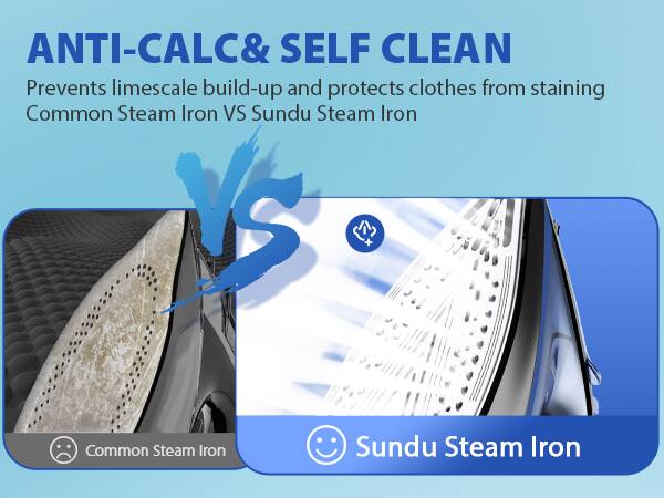 ANTI-CALC & SELF CLEAN  
Prevents limescale build-up and protects clothes from staining  

Common Steam Iron VS Sundu Steam Iron  

Common Steam Iron  
Sundu Steam Iron