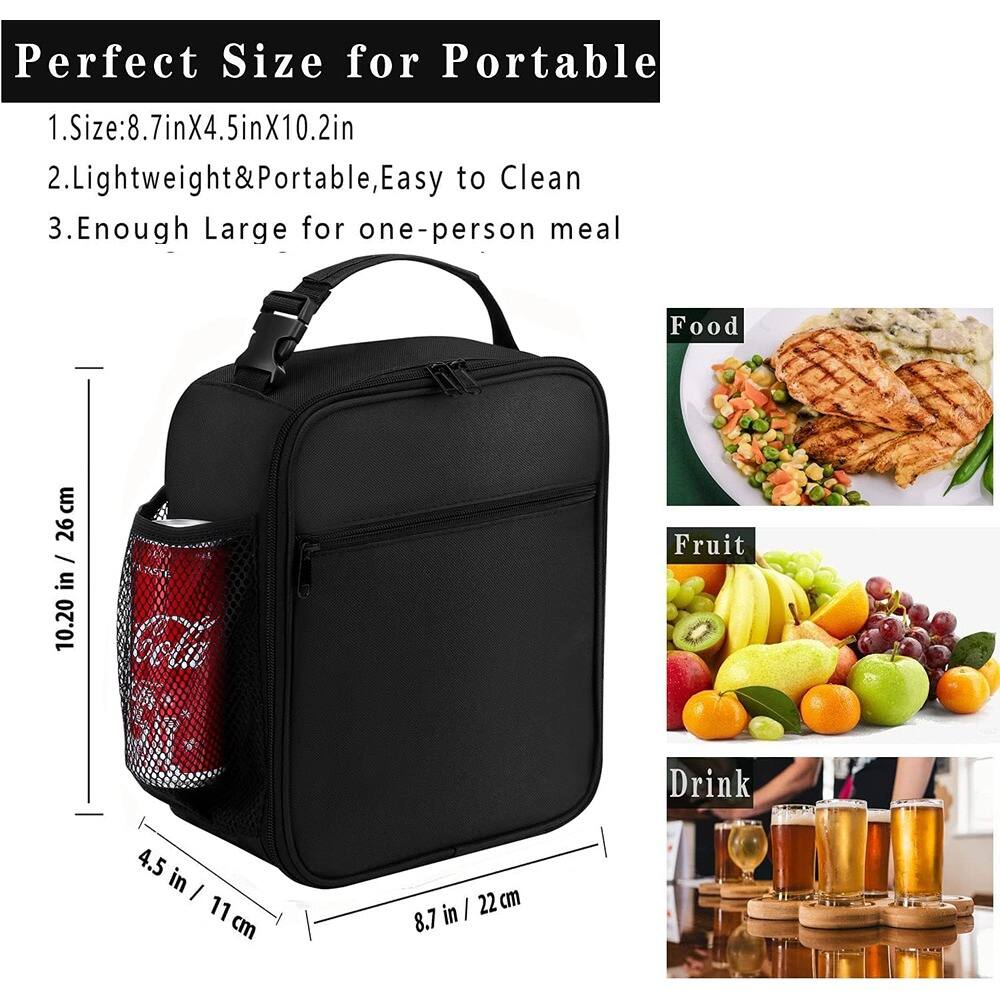 Perfect Size for Portable

1. Size: 8.7in x 4.5in x 10.2in
2. Lightweight & Portable, Easy to Clean
3. Enough Large for one-person meal

Food  
Fruit  
Drink  

10.20 in / 26 cm  
4.5 in / 11 cm  
8.7 in / 22 cm