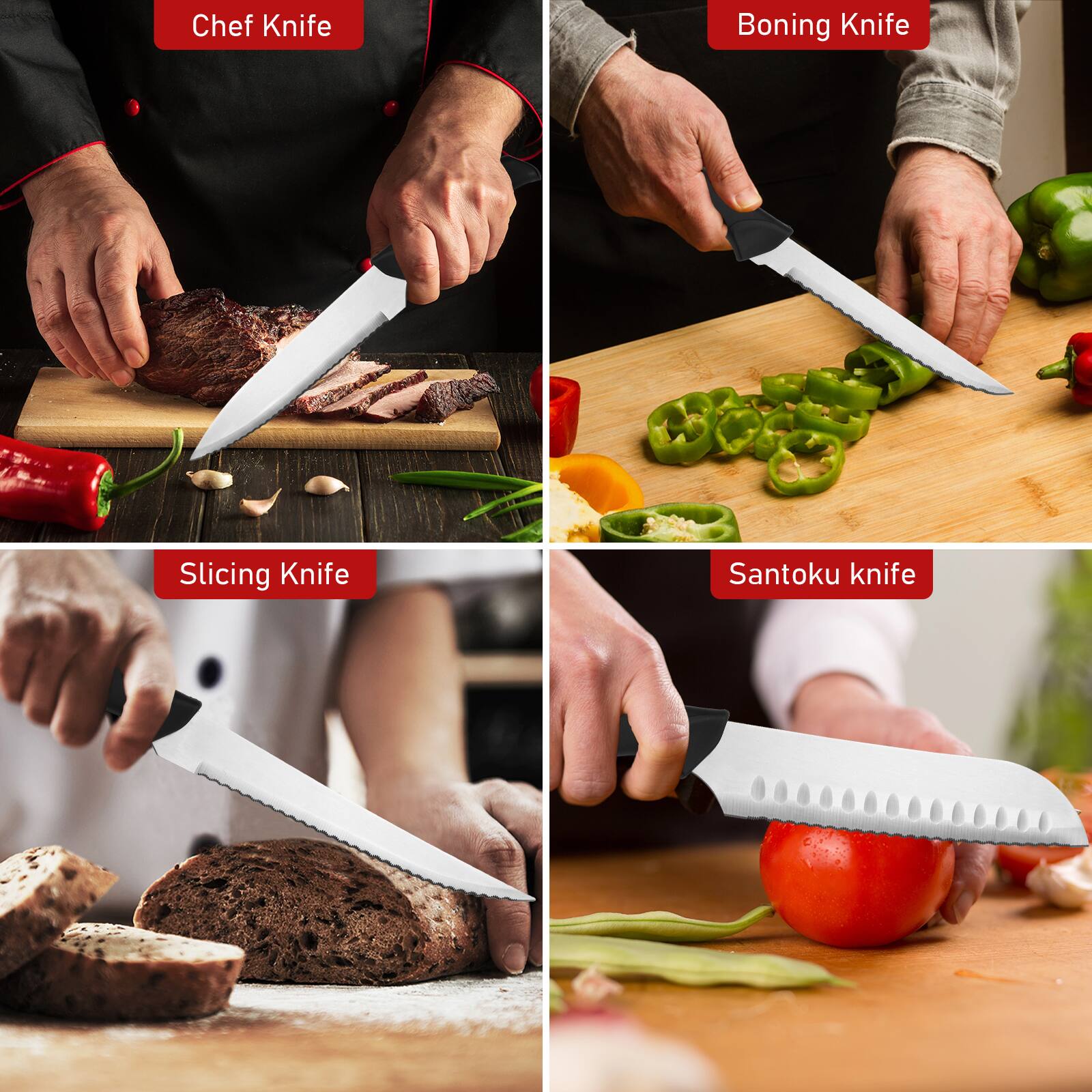 Chef Knife  
Boning Knife  
Slicing Knife  
Santoku knife