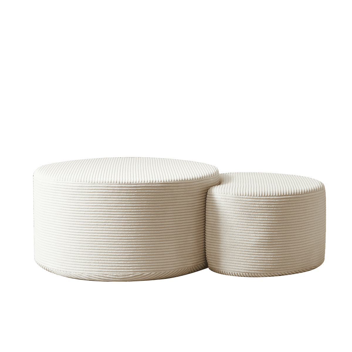 Back. Kadyn - Nesting Coffee Table Set of 2, Upholstered Round Foam Tables for Living Room, Side/End Table Ottoman, No Assembly - Beige.