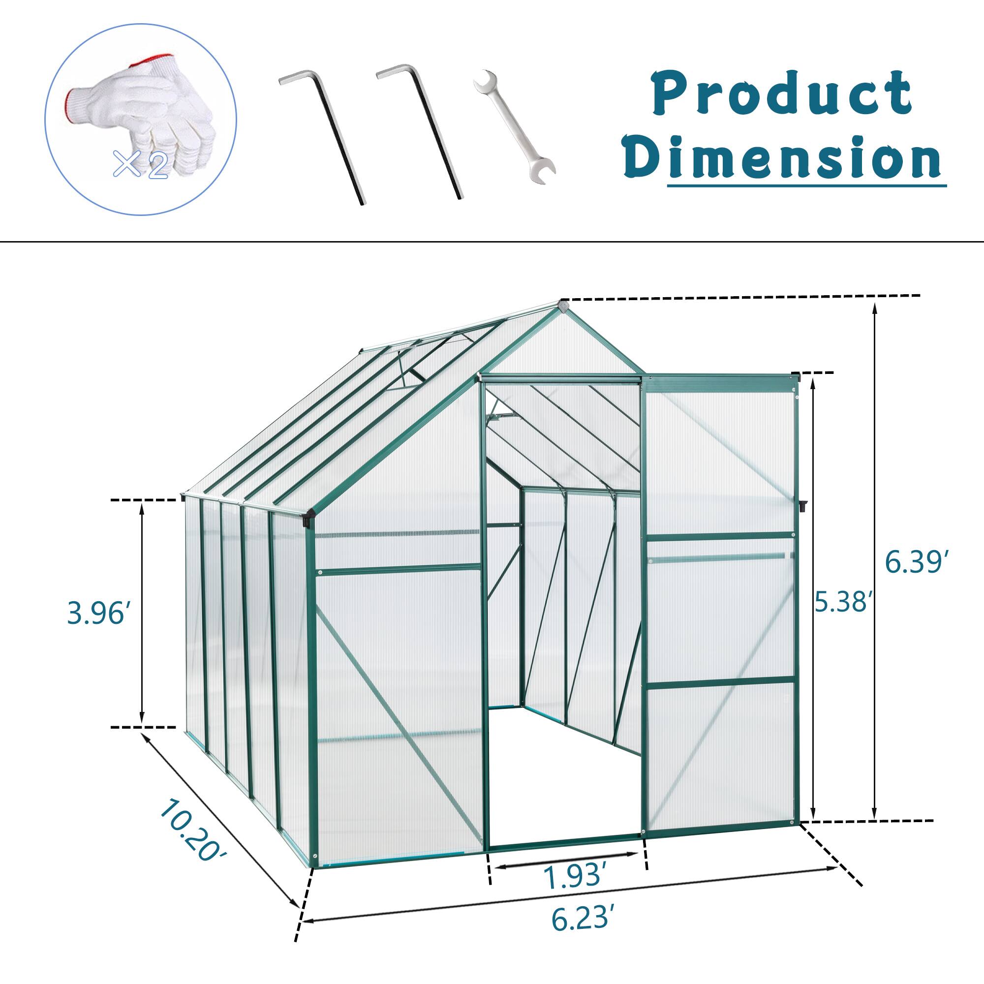 Back. TinyHomie - 6 X 10FT Polycarbonate Greenhouse Raised Base and Anchor Aluminum Heavy Duty Walk-in Greenhouses in All Season.