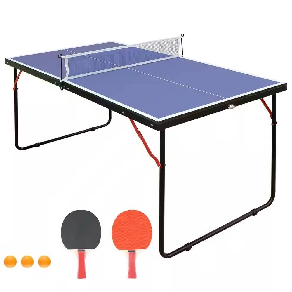 Front. SlickBlue - Foldable Ping Pong Table with Net and 2 Paddles, Blue Finish - Blue.