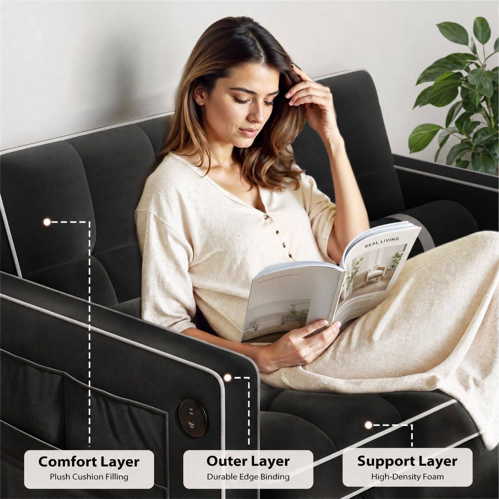 LIVING REAL

Comfort Layer: Plush Cushion Filling  
Outer Layer: Durable Edge Binding  
Support Layer: High-Density Foam