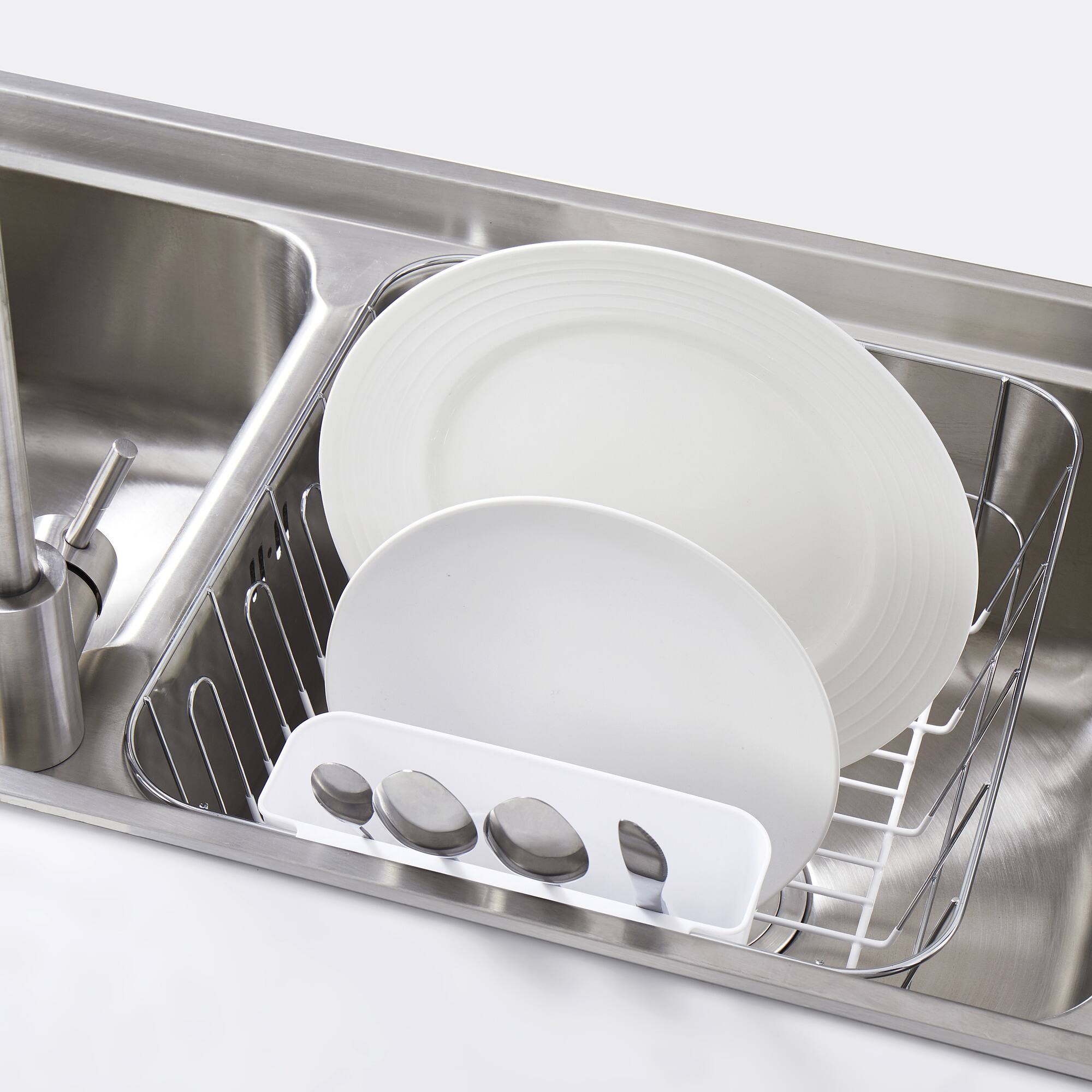 Left. Sweet Home Collection - Chrome Plated Steel 2-Piece Small Compact Dish Drainer - White.
