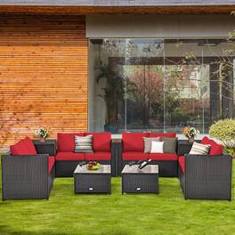 Gymax - 8PCS Cushioned Rattan Patio Conversation Set w/ Side Table Red Cushion - Brown