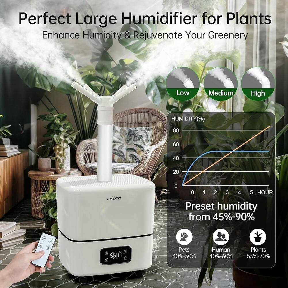 Perfect Large Humidifier for Plants  
Enhance Humidity & Rejuvenate Your Greenery  

Low Medium High  

HUMIDITY(%)  
80 60 40 20  

0 1 2 3 4 5 HOUR  

Preset humidity from 45%-90%  

Pets 40%-50%  
Human 40%-60%  
Plants 55%-70%  

YOREKON  

5601