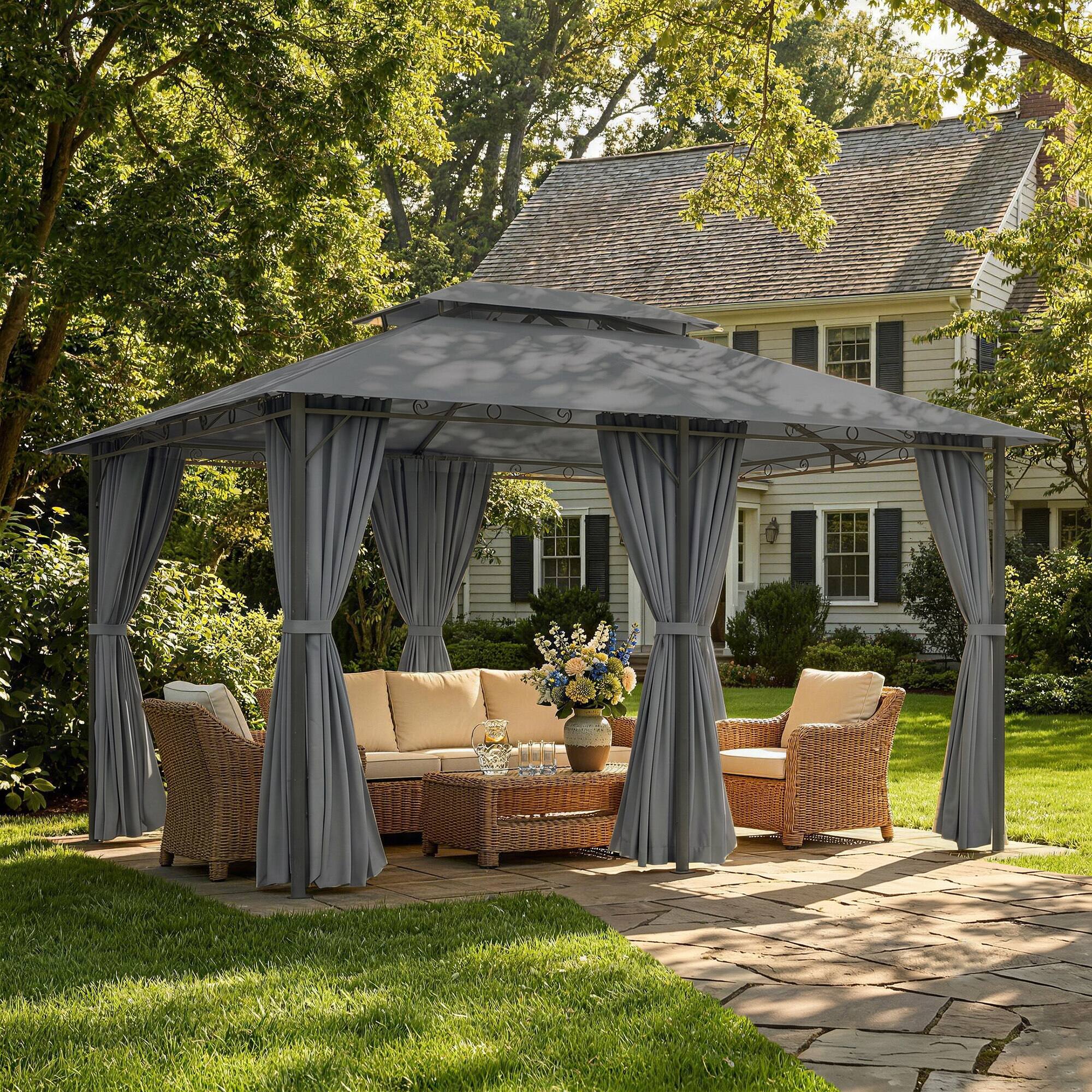 Alt View 1. Outsunny - 10' x 13' Outdoor Soft Top Gazebo Pergola with Curtains, 2-Tier Steel Frame Gazebo for Patio - Sage and Black.