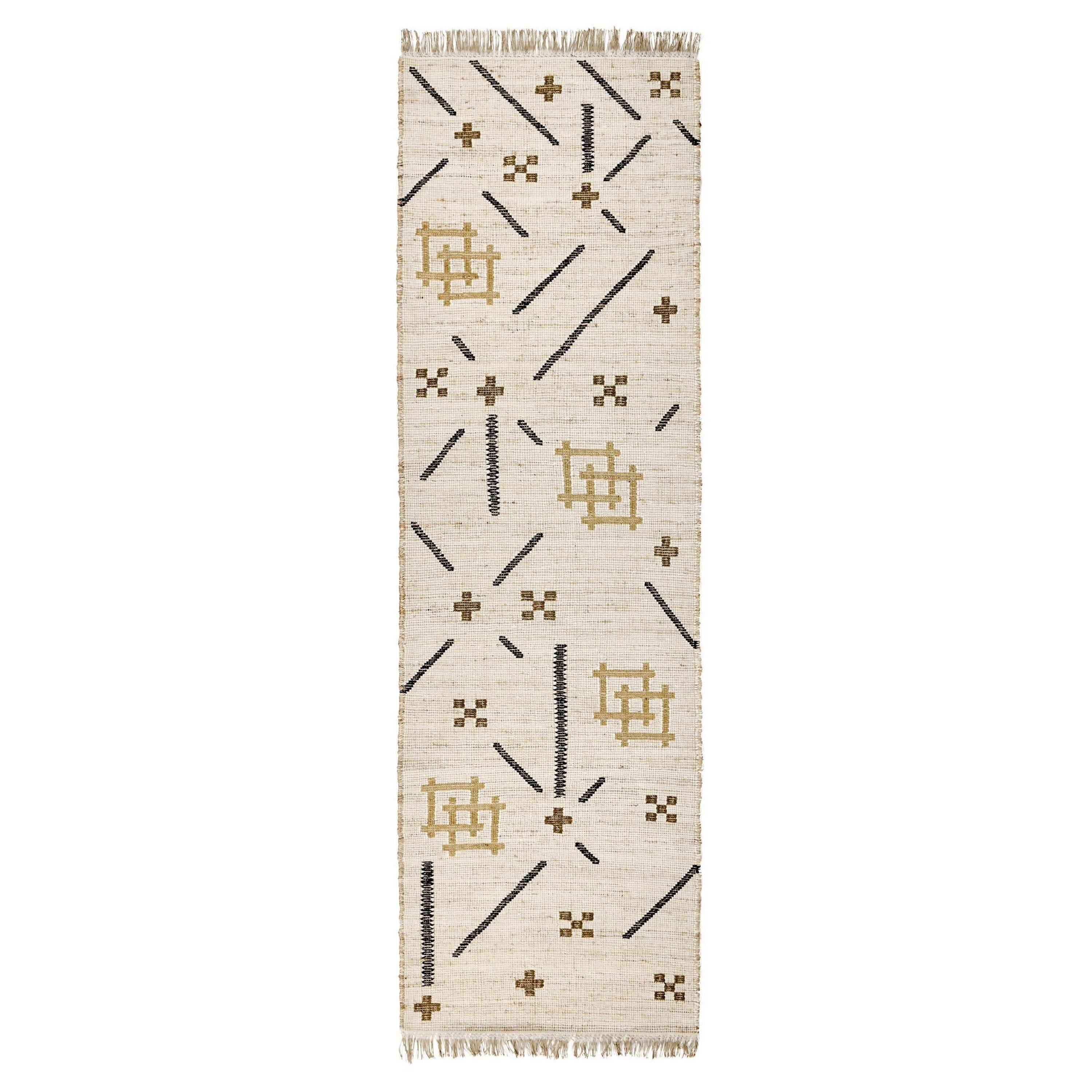 Front. Manhattan Lane - Hallway Runner Rug, Handwoven Traditional Tassels - Ivory, Black, Yellow.