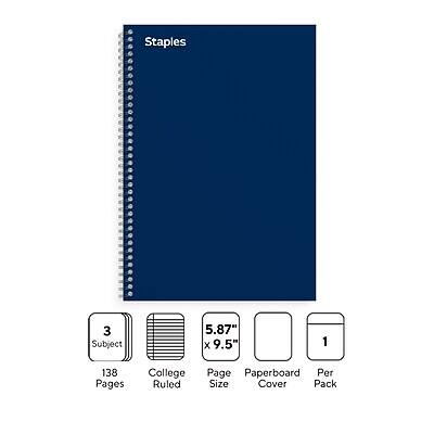 Staples  
3 Subject  
5.87" x 9.5"  
138 Pages  
College Ruled  
Page Size  
Paperboard Cover  
Per Pack