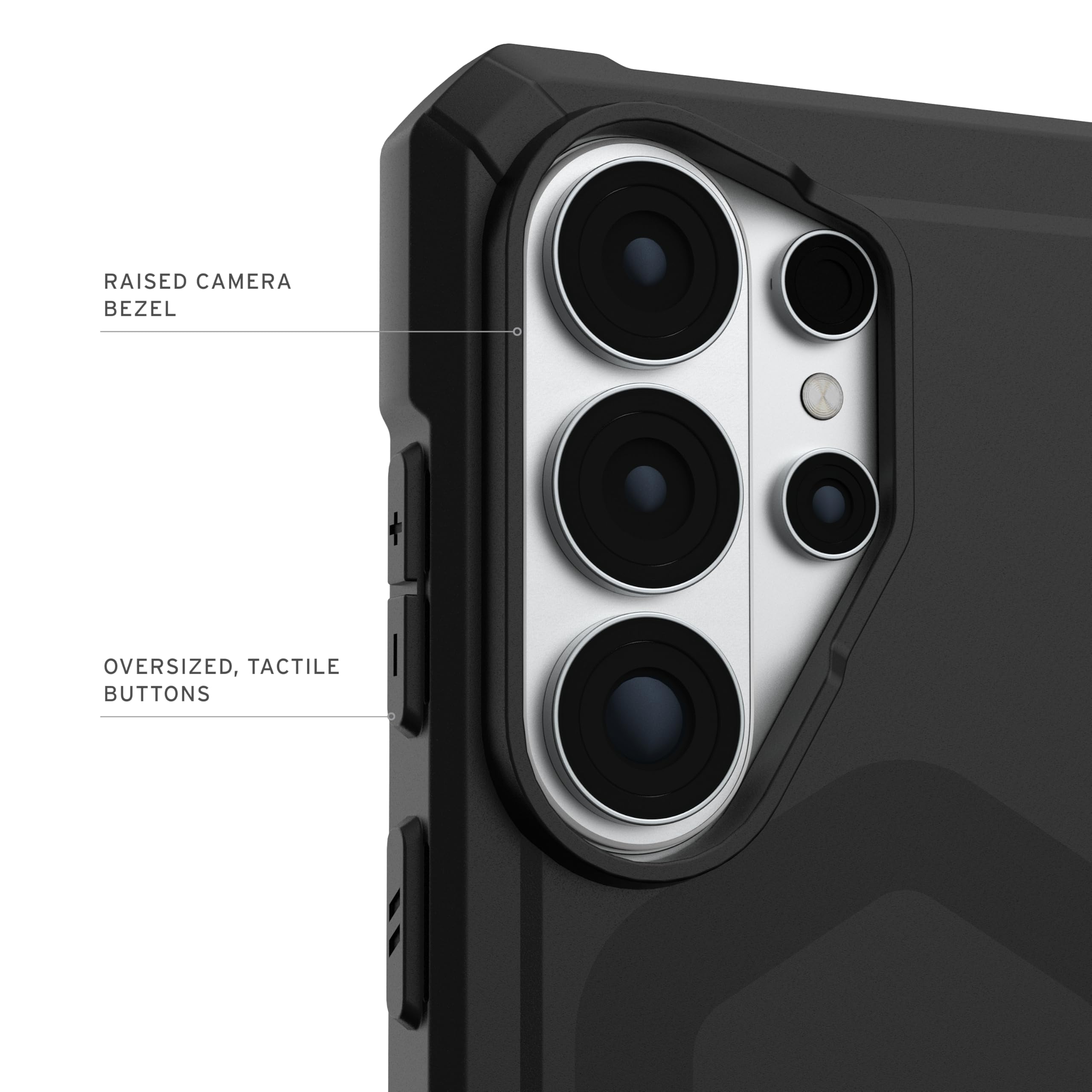 RAISED CAMERA BEZEL  
OVERSIZED, TACTILE BUTTONS