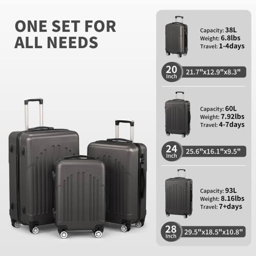 ONE SET FOR ALL NEEDS

Capacity: 38L  
Weight: 6.8lbs  
Travel: 1-4 days  
20 Inch  
21.7"x12.9"x8.3"

Capacity: 60L  
Weight: 7.92lbs  
Travel: 4-7 days  
24 Inch  
25.6"x16.1"x9.5"

Capacity: 93L  
Weight: 8.16lbs  
Travel: 7+ days  
28 Inch  
29.5"x18.5"x10.8"