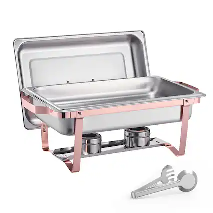 Front. VEVOR - Chafing Dish Buffet Set, 8 Qt 2 Pack, Stainless Steel Chafer with 2 Full Size Pans, Rectangle Catering Warmer Server - Rose Gold.
