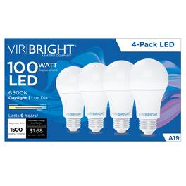 VIRIBRIGHT - A19 LED Bulb, 100W, 1500 Lumens, Non Dimmable, 6500K (4 Pack) - Daylight
