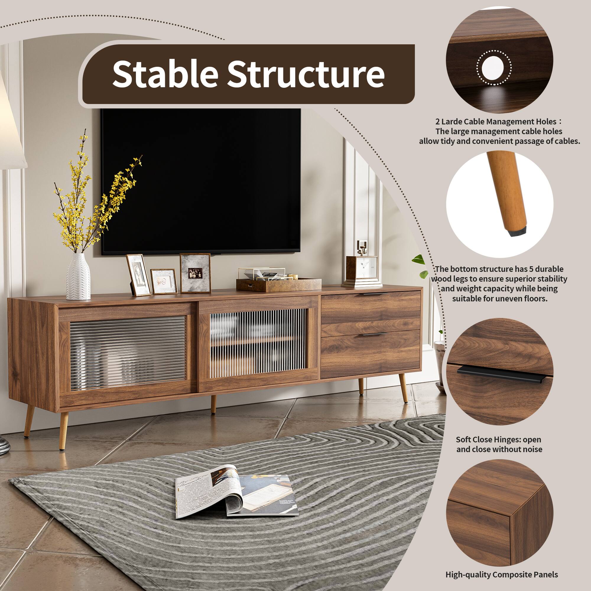 Stable Structure

2 Large Cable Management Holes: The large management cable holes allow tidy and convenient passage of cables.

The bottom structure has 5 durable wood legs to ensure superior stability and weight capacity while being suitable for uneven floors.

Soft Close Hinges: open and close without noise

High-quality Composite Panels