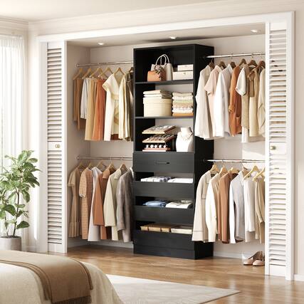 Front. Aheaplus - 4-9FT Adjustable Closet Organizer, 4 Drawers & 4 Hanging Rods, Heavy Duty Walk-in Wardrobe System - Black.