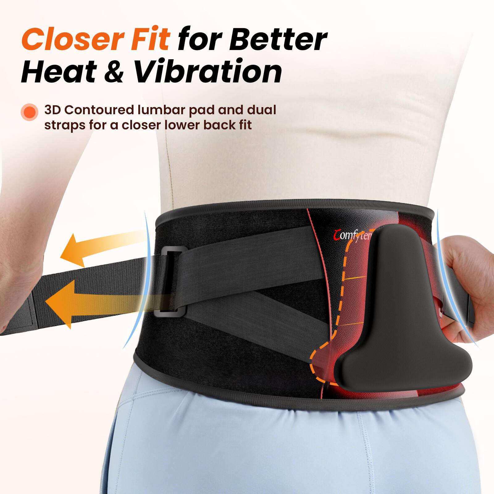 Closer Fit for Better Heat & Vibration

3D Contoured lumbar pad and dual straps for a closer lower back fit
