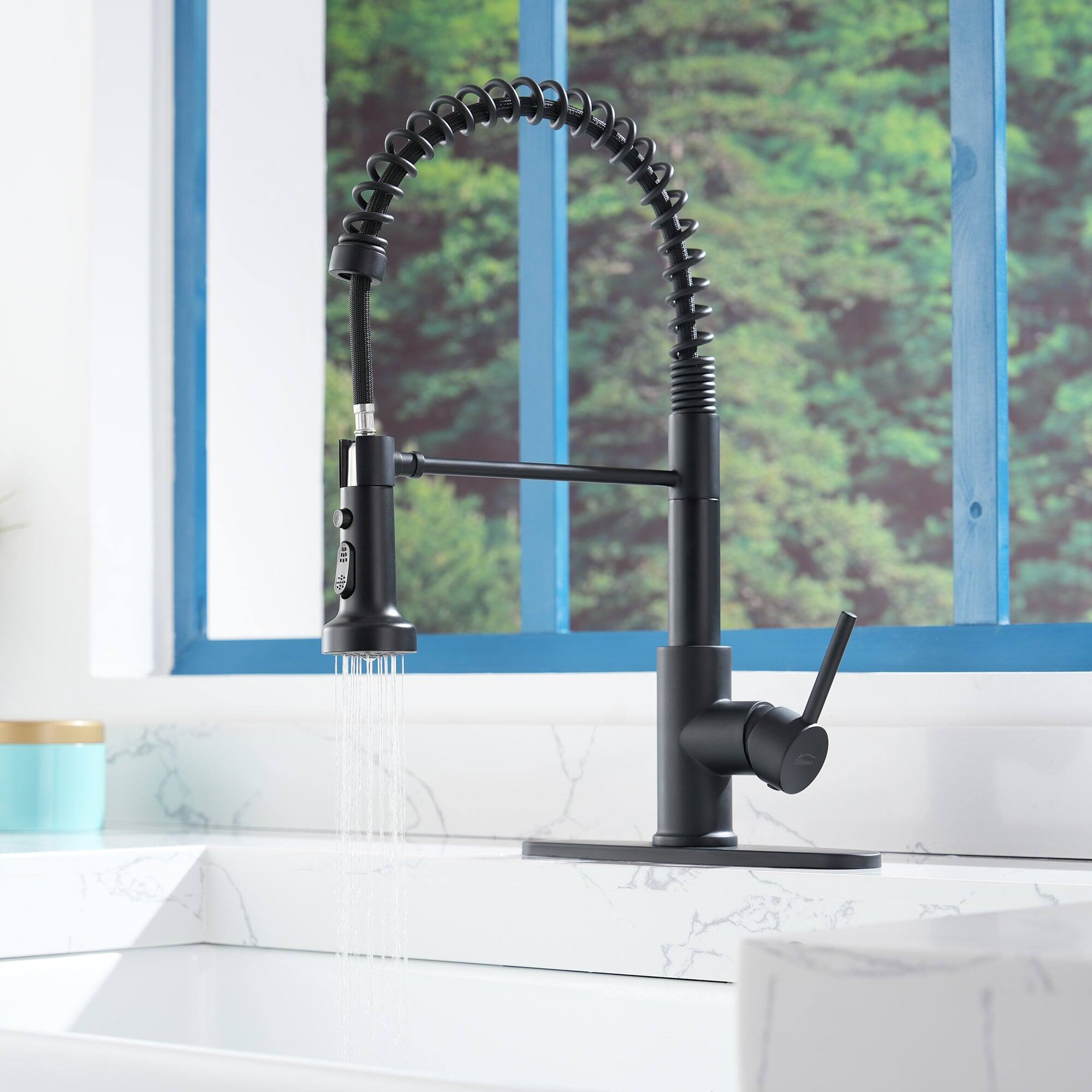 Alt View 3. Boyel Living - 3-Spray Patterns Single Handle Pull Down Sprayer Kitchen Faucet with Deckplate and Water Supply Hoses in Matte Black - Matte Black.