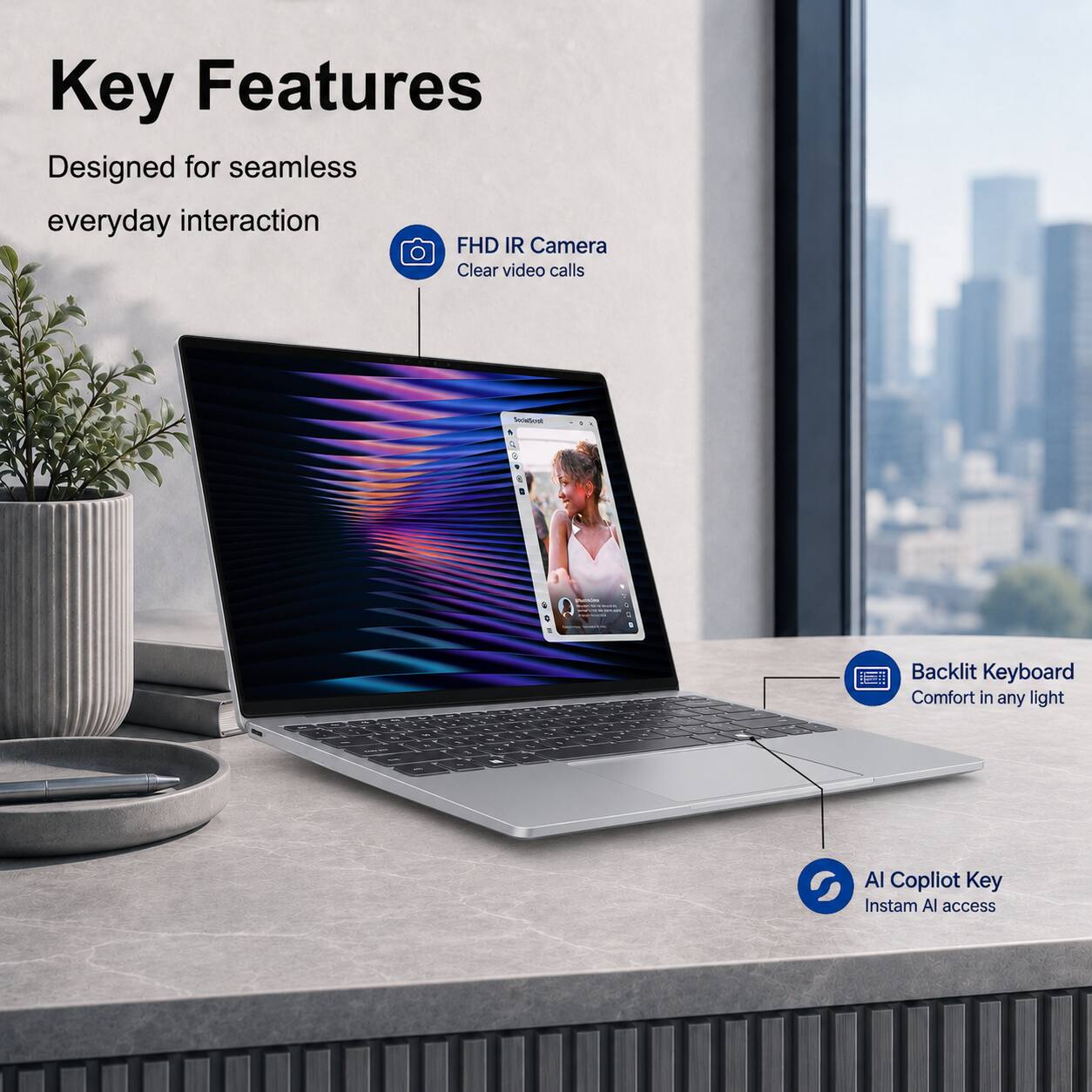 Key Features  
Designed for seamless everyday interaction  
FHD IR Camera  
Clear video calls  
Backlit Keyboard  
Comfort in any light  
AI Copilot Key  
Instam AI access