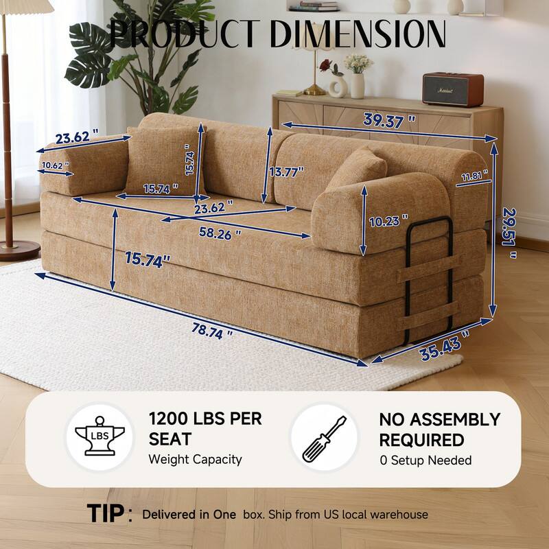 PRODUCT DIMENSION  
23.62" 10.62" 15.74" 15.74" 23.62" 58.26" 15.74"  
13.77"  
39.37" 10.23"  
11.81"  
29.51"  
78.74"  
35.43"  
LBS  
1200 LBS PER SEAT Weight Capacity  
NO ASSEMBLY REQUIRED 0 Setup Needed  
TIP: Delivered in One box. Ship from US local warehouse