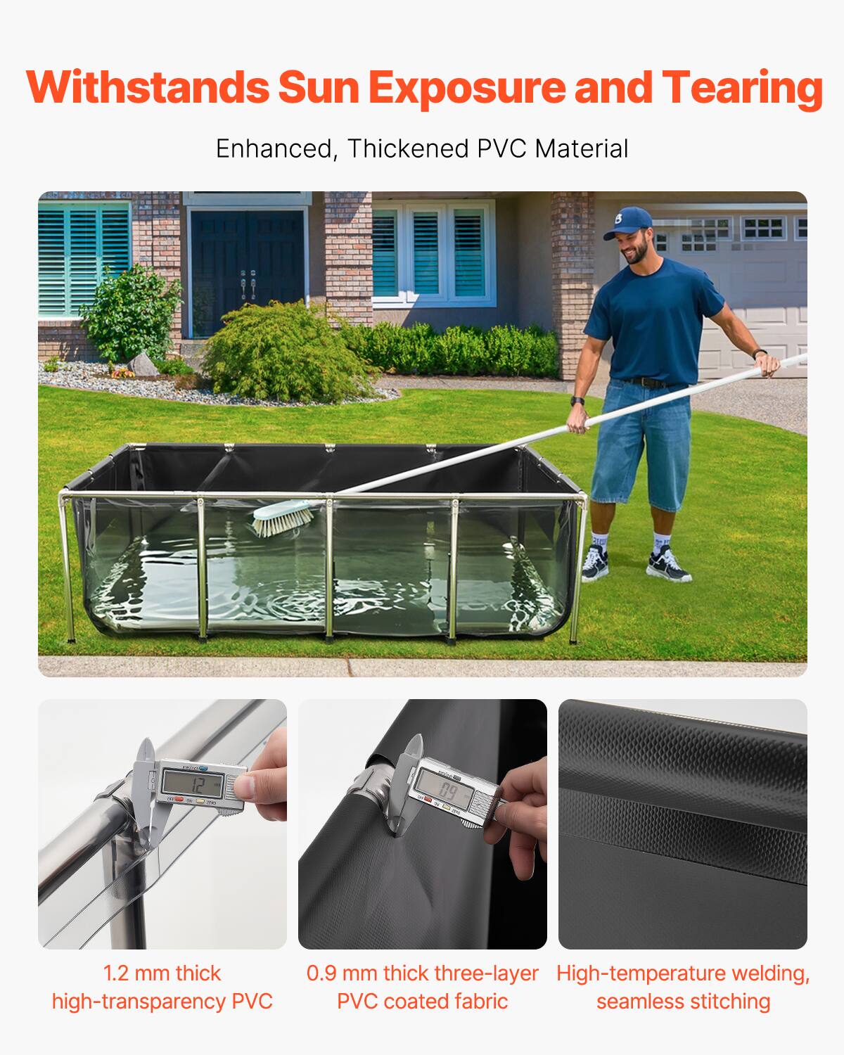 Withstands Sun Exposure and Tearing  
Enhanced, Thickened PVC Material  

1.2 mm thick high-transparency PVC  
0.9 mm thick three-layer PVC coated fabric  
High-temperature welding, seamless stitching